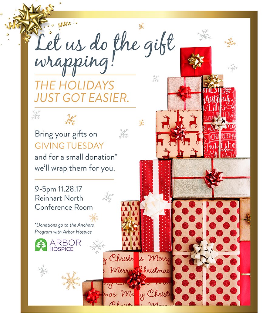 ArborHospice's tweet photo. We're grateful for the @CharlesReinhart Company's support of Jo Elyn Nyman Anchors Programs for Children - visit their office (2200 Green Rd., Ann Arbor) today and make a donation to have your gifts wrapped! #GivingTuesday https://t.co/EAwiZWxs0G