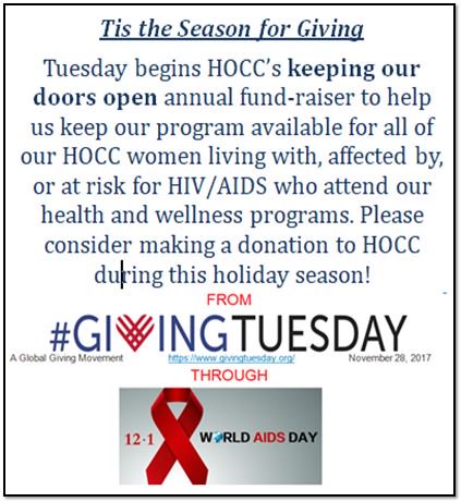 HOCCProgram's tweet photo. Please consider us in your seasonal giving plans this year! Your gift will  help women living with, affected by, or at risk for HIV/AIDS. https://t.co/Q6quZR0fSr