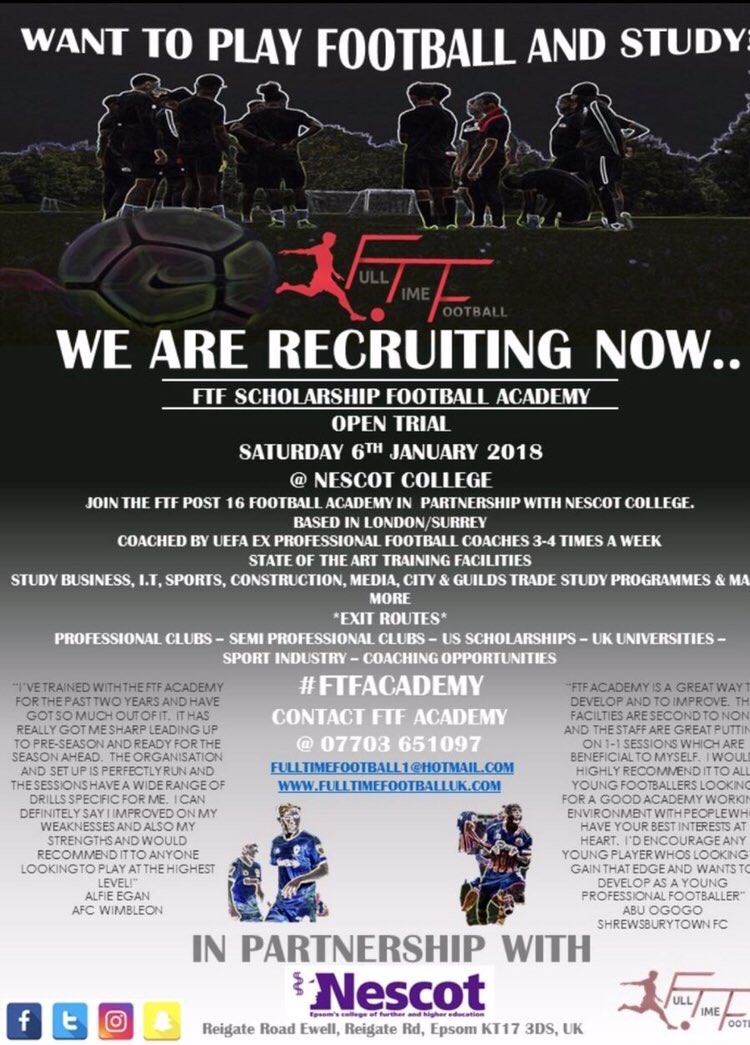 FTFACADEMY's tweet photo. @epsomguardian Plz RT. FTF Scholarship Academy recruiting now. Open Trials on Saturday 6th January. Please contact FTF team to register. https://t.co/aq1ZmPxLW3