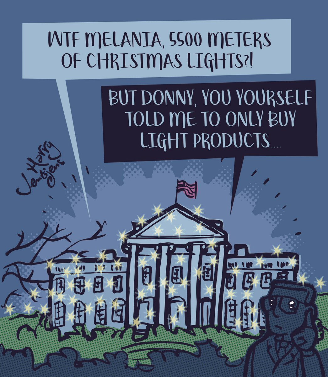 Wekelijkse illustratie n.a.v. het nieuws: "5500 meter aan kerstlampjes: #MelaniaTrump heeft het Witte Huis versierd". #WhiteHouse  #Christmas #illustration