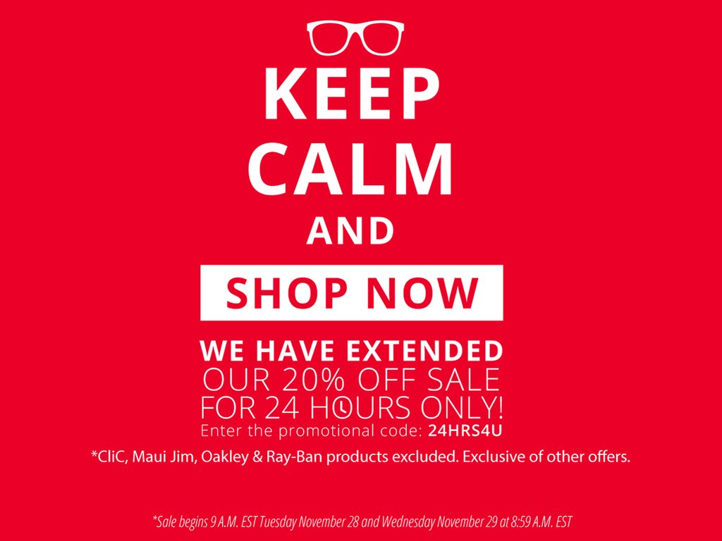 Keep Calm & Shop On

We have extended our 20% off sale for 24 hours only.
Enter the promotional code: 

24HRS4U 

*CliC, Maui Jim, Oakley & Ray-Ban products excluded. Exclusive of other offers. Sale runs Tuesday 9am EST thru Wednesday 8:59am EST.

readingglasses.com/?emodal=6&utm_… #readers