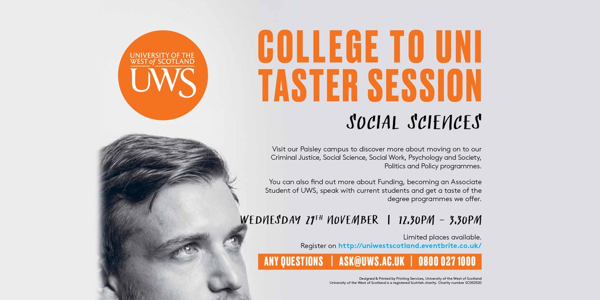 uws_mcs's tweet photo. Are you at college and interested in Social Science, Social Work, Criminal Justice, Psychology or Society, Politics and Policy?  Register on eventbrite via the link below and join us tomorrow for a taster of UWS and some of our courses. #collegetouni #SocialSciences https://t.co/NcQRVBzxd2