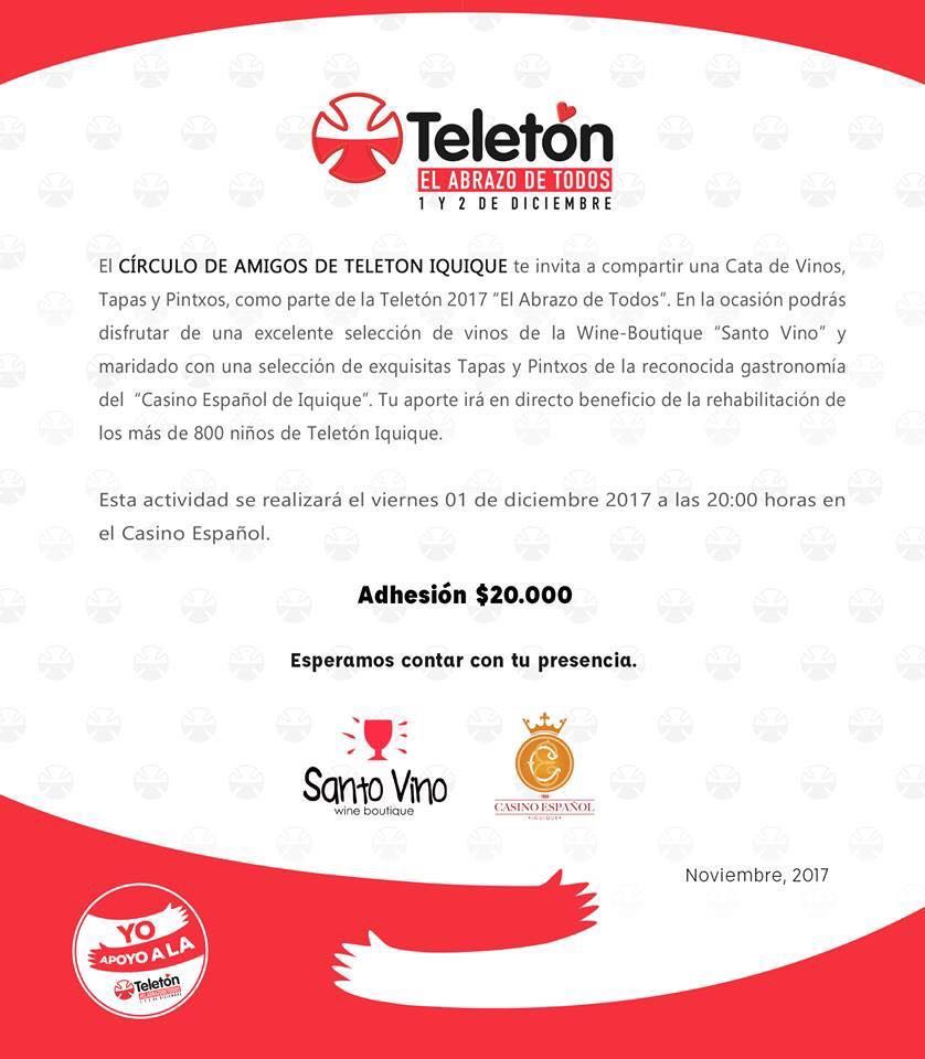 Porque Ayudamos y Celebramos la Solidaridad!!! 
Únanse este 01 de diciembre, Cata de vinos por la Teletón #iquique