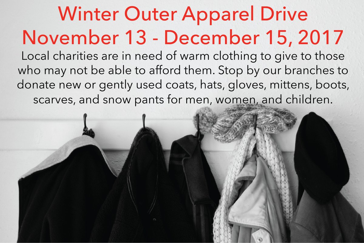 We are collecting winter apparel items to give to local charities. Clothing will help those in need this winter season. #GivingTuesday