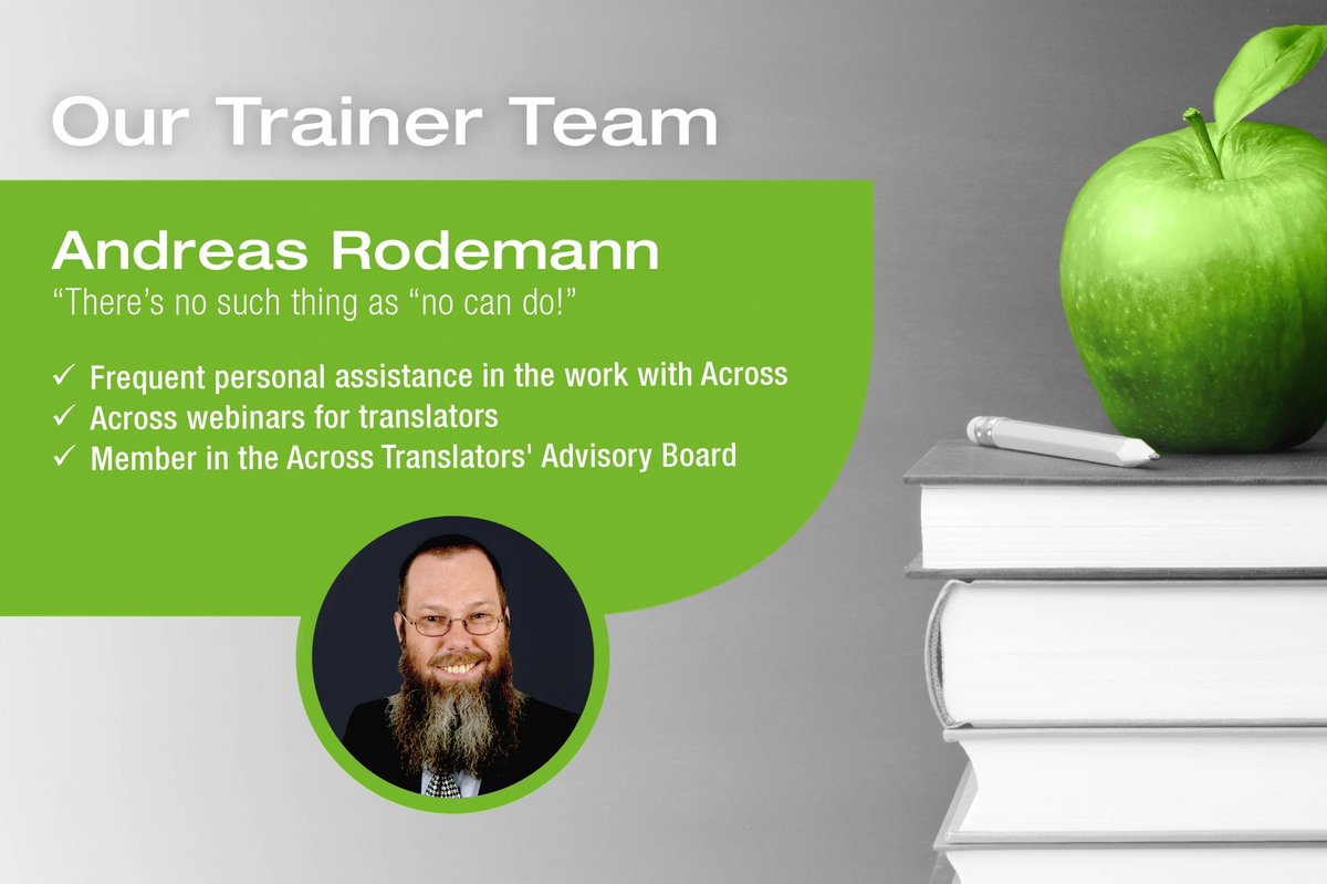 Across_Systems's tweet photo. Get to know our trainer team: Andreas Rodemann, freelancer translator, has been using Across for more than five years. #acrosstraining #knowyouracross #xl8 #CATtools
Free webinars for translators: https://t.co/oo6cRRNK0E https://t.co/rtuHxeNIRI