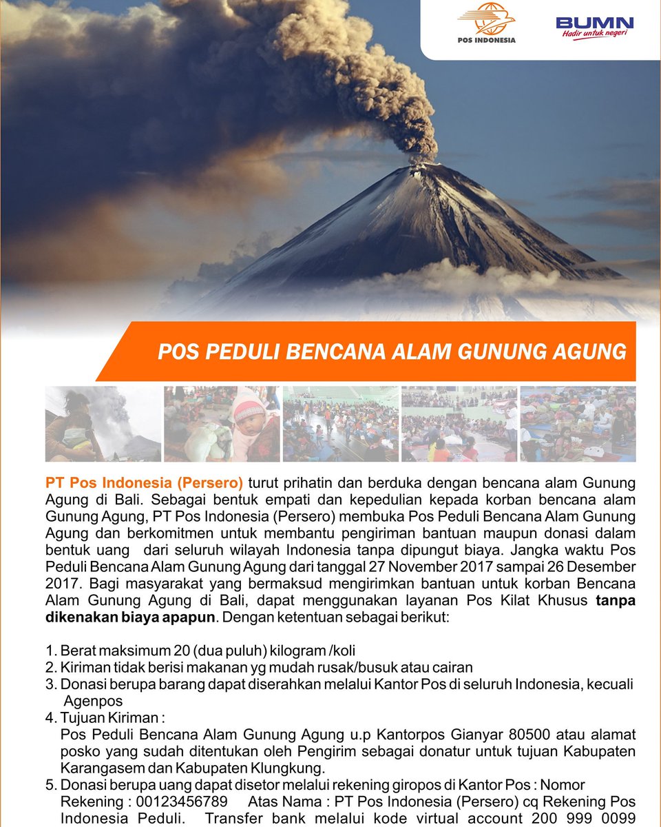 PosIndonesia's tweet image. Pos Indonesia berduka atas bencana alam yang terjadi di Gunung Agung, Bali. Sebagai bentuk kepedulian kepada korban bencana, Pos Indonesia membuka Pos Peduli Bencana Alam Gunung Agung dan berkomitmen membantu pengiriman bantuan maupun donasi dalam bentuk uang maupun barang