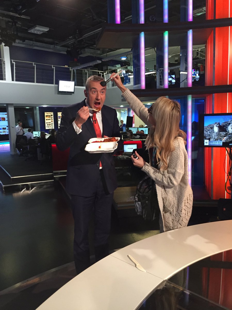 JayneSeckerSky's tweet photo. Multitasking @colinbraziersky trying out the remains of Britain’s best takeaway whilst being powdered. https://t.co/LD4RqJMysT