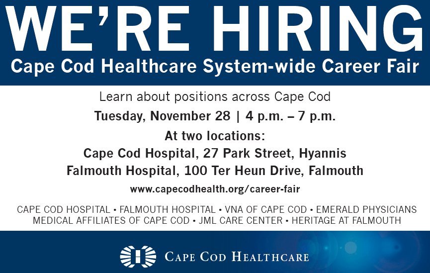 CCHCCareers's tweet photo. Today is the day of our System-Wide #CareerFair We look forward to seeing you at Cape Cod Hospital or Falmouth Hospital to explore all the opportunities available for you to #JoinOurTeam
#CCHCCareers #CapeCodJobs #NowHiring
For #Details visit: https://t.co/VOU4NJQcId https://t.co/DqYBzmT7ze