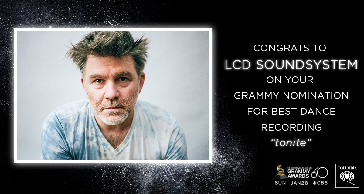 ColumbiaRecords's tweet photo. Congrats to @lcdsoundsystem on their nomination for Best Dance Recording for "tonite"! #GRAMMYs https://t.co/bgxoIapKtX