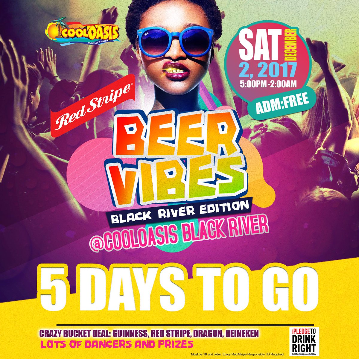 CoolOasisJM's tweet photo. 5 days until CoolOasis Black River Red Stripe Beer Vibes! Come out and enjoy CRAZY bucket deals! Admission: FREE! #CoolOasis #RedStripe #BeerVibes https://t.co/Owb9lfF5Qr