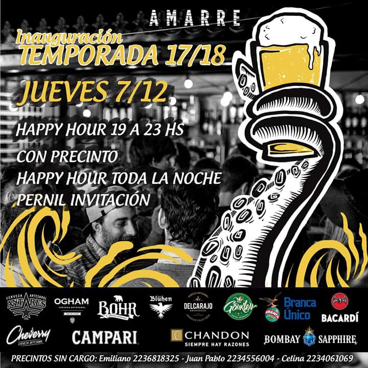 AmarreBar's tweet photo. INAUGURACIÓN #TEMPORADA 17/18
El jueves 7 de dic le damos la bienvenida al verano!
✔️Happy hour de 19 a 23hs / Con precinto hh TODA LA NOCHE
✔️Pernil invitación 
Reservas 2236350011
Pedí tu precinto sin cargo: Emiliano 2236818325 - Juan Pablo 2234556004 - Celina 2234061069 https://t.co/lsmnwok4LO