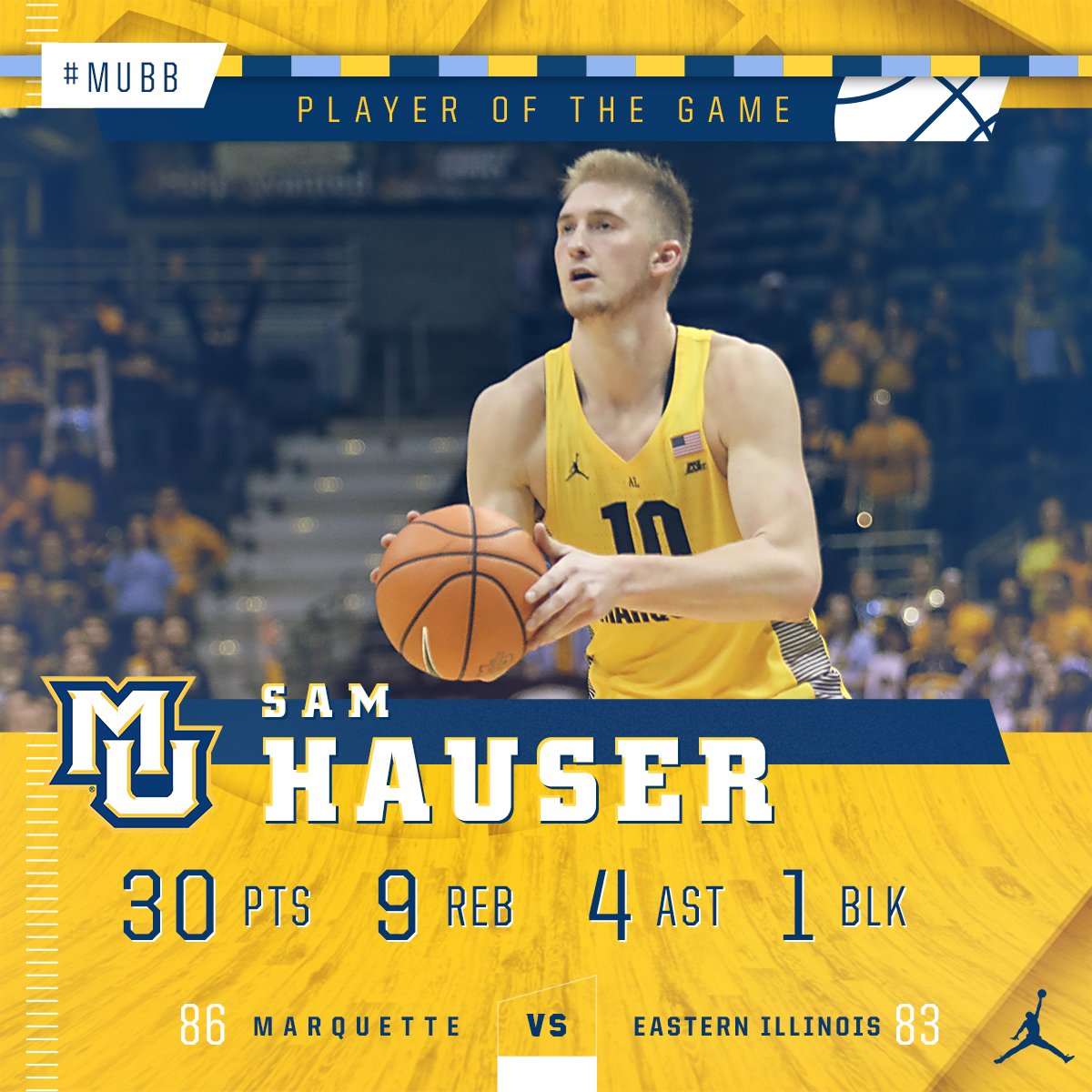 MarquetteMBB's tweet photo. #mubb @Big_Smooth10 career night helped MU to an overtime win Monday night.  Team is back in action Wednesday at 8 p.m. CT. @BMOHBC https://t.co/ERGi4aXhij