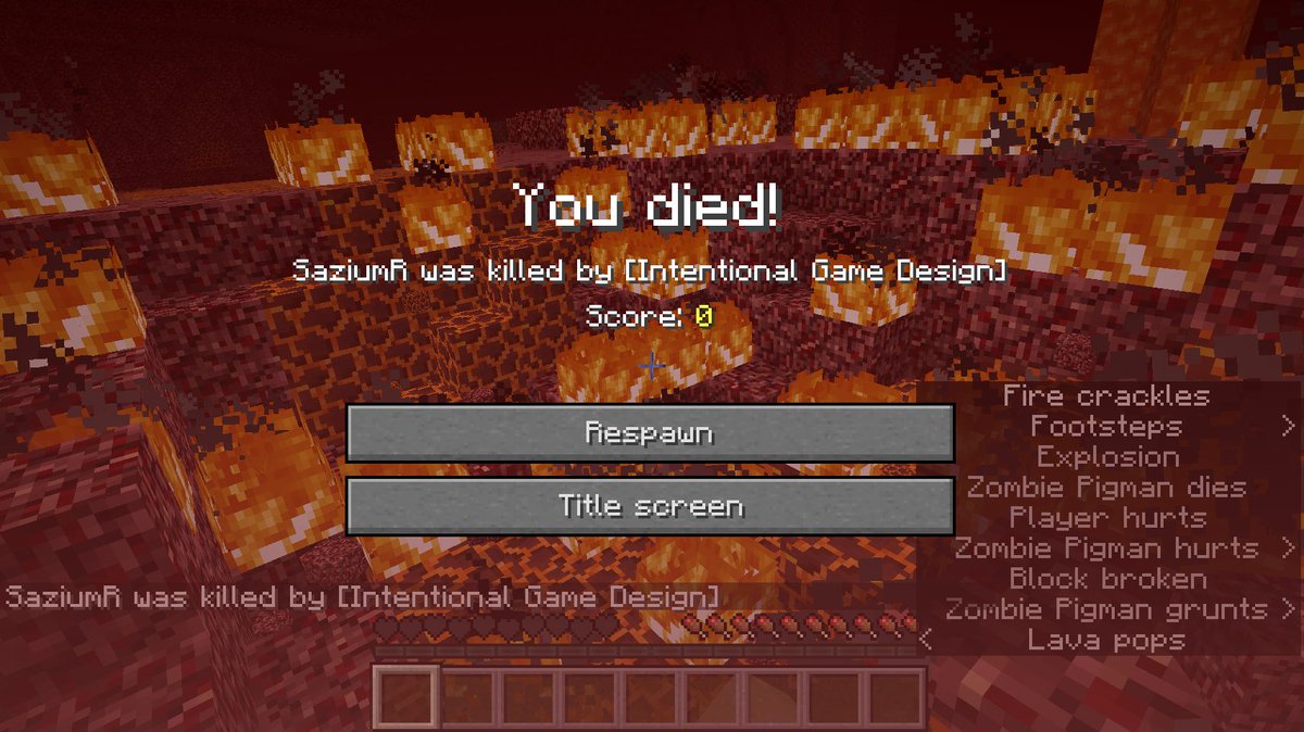 Saziumr 新たな死亡メッセージ プレイヤーは 意図的なゲームデザイン によって倒された が追加されました ネザーの ベッド爆発の死亡のときに出てきます なお カッコのところをホバーすると この仕様へのバグ報告のリンクが表示されます