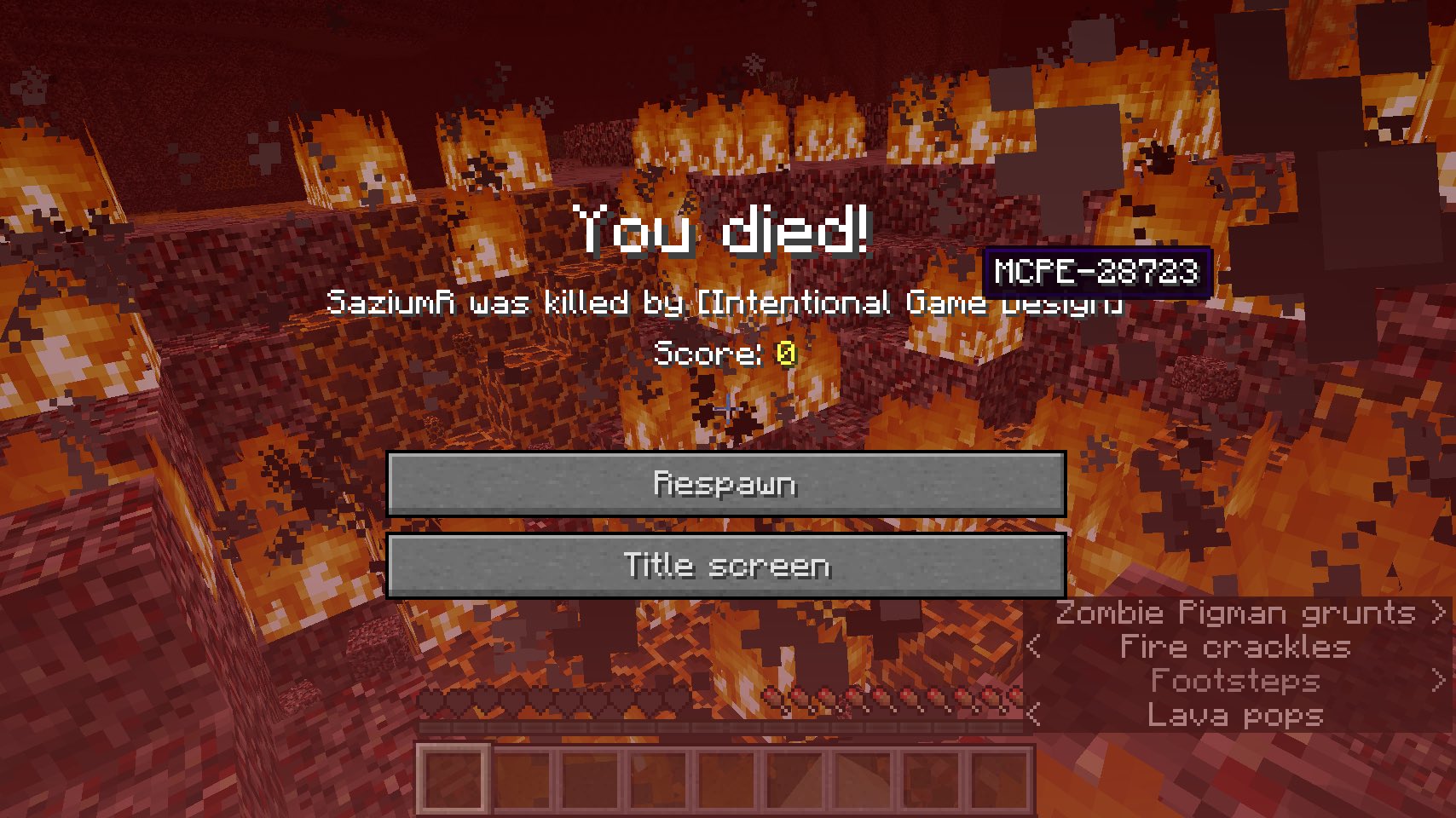 Saziumr 新たな死亡メッセージ プレイヤーは 意図的なゲームデザイン によって倒された が追加されました ネザーの ベッド爆発の死亡のときに出てきます なお カッコのところをホバーすると この仕様へのバグ報告のリンクが表示されます