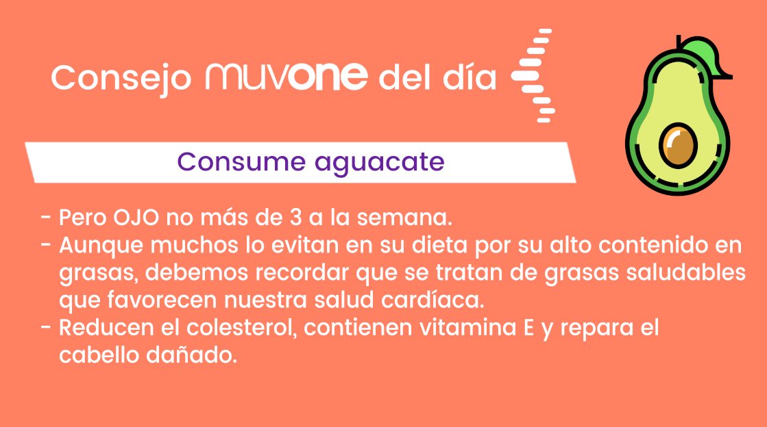 muvoneofficial's tweet photo. Hoy en nuestro consejo del día os traemos los beneficios que el #aguacate contiene para el organismo.
OJO con consumirlo más de 3 veces a la semana. De hecho, algunos deportistas no lo incluyen en sus dietas por sus alto contenido en grasas.
#Prevenir la #osteoporosis #muvone https://t.co/Ln9a4MmrNx