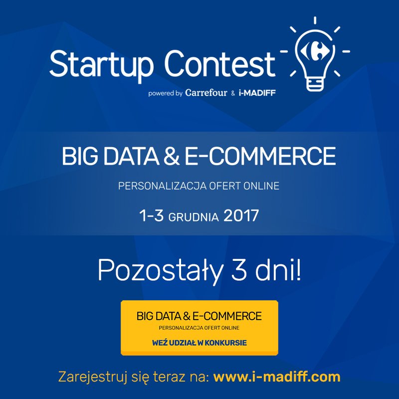 MadiffPolska's tweet photo. Za trzy dni rusza Startup Contest. Weź udział! Zarejestruj się na https://t.co/zhf5u0gvSt #countdown #3days #C4RetailLab #startup #contest #Madiff #iMADIFF #Carrefour #innovation #Warszawa #accelerator #event https://t.co/wNuUkxQ1iy