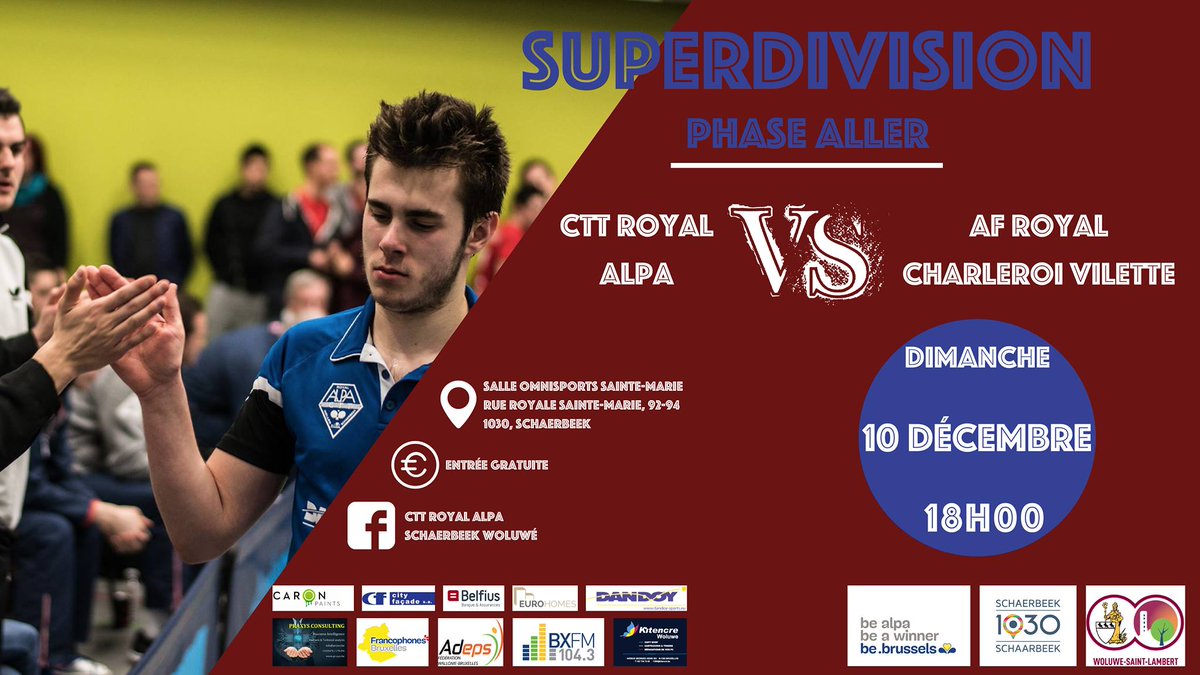 cttalpa's tweet photo. #Superdivision #tennisdetable: @cttalpa Vs La Villette Charleroi le dimanche 10/12 à 18h à Schaerbeek. #comeonalpa. https://t.co/p0sUOn39nI