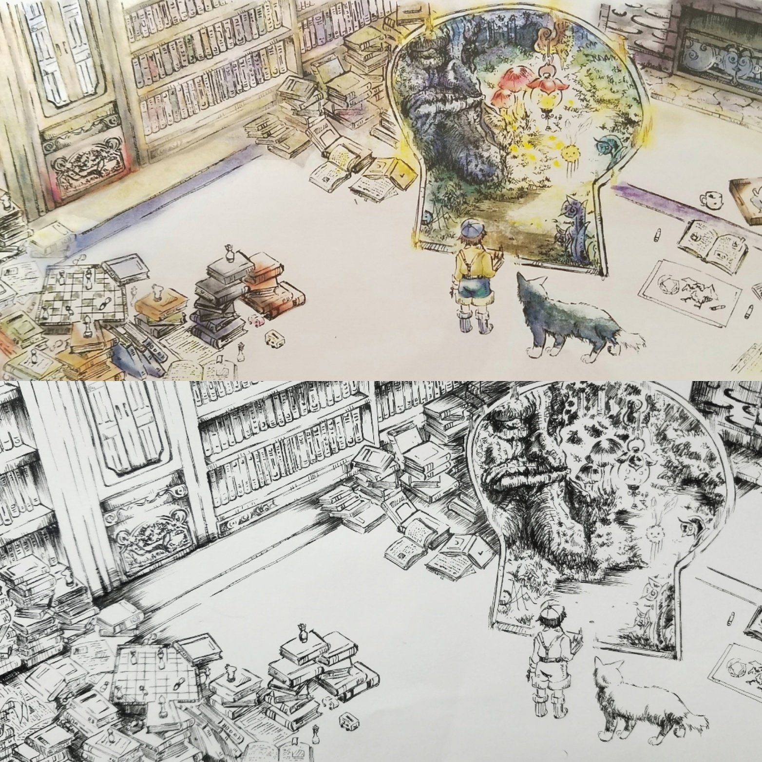 伊藤 実華子 Lineスタンプ発売中 過去の作品をre Photoshop加工 本とナカの世界 おじいちゃんの書斎には不思議なモノやたくさんの本がありました 絵本 水彩画アート Photoshop ファンタジーイラスト Fantasy 書斎 線画イラスト 魔法の