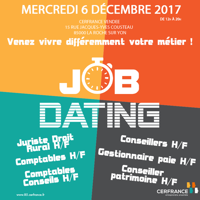 Cerfrance85's tweet photo. Comptables, conseillers, juristes... ? Tenez-vous prêts !⌛️Vous avez 15 min pour nous convaincre❗️Nous organisons un Job Dating à La Roche-sur-Yon ! #Recrutement #Emploi #Vendée 🚀
 
N'hésitez pas à nous informer de votre venue : https://t.co/XQkrMiEV06 https://t.co/p2rMMfda6X