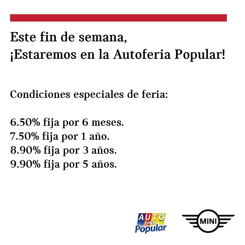 MINIRD's tweet photo. Desde el 30 de noviembre hasta el 03 de Diciembre, ¡MINI estará de Feria! Te esperamos en la #AutoferiaPopular con las increíbles tasas de financiamiento que estarán disponibles para ti. ¡El vehículo de tus sueños está cada vez más cerca! #MINIRD #MINIacs https://t.co/8YSSy12xQp