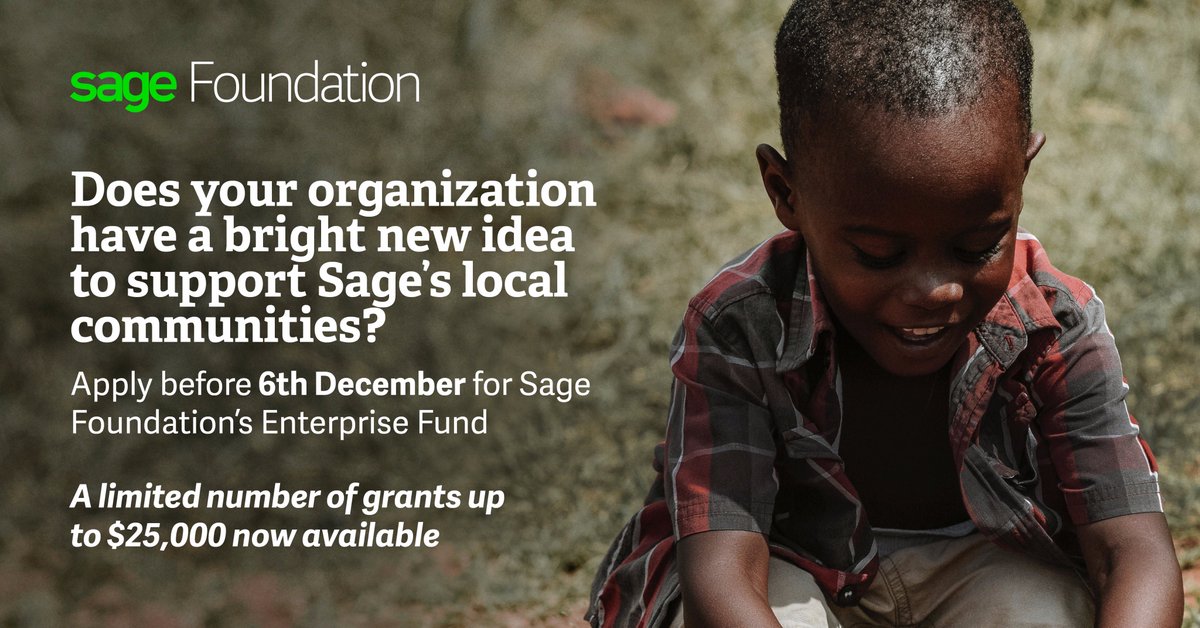 DEADLINE EXTENDED! #Charities &amp; #nonprofits now have until 6th December to apply to the <a href="/sagefoundation/">Sage Foundation</a> #enterprisefund. Grants of up to $25k available. More info here: 1sa.ge/8s6t30gRKBo