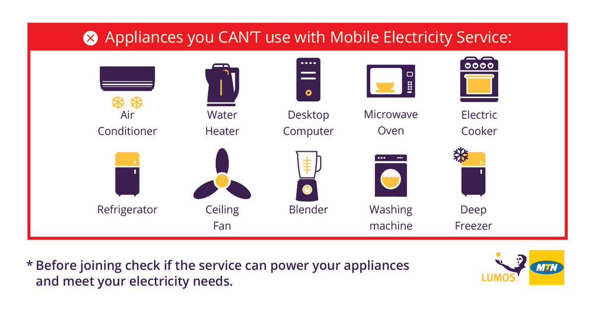 LumosNigeria's tweet photo. The Lumos system can be considered the "Okada" of the power sector, not all appliances are compatible with it.
Check out the compatible/incompatible appliances below.
For more information kindly visit https://t.co/k5YaGlEksy
#YelloBox #LumosMobileElectricity #LumosTechnology https://t.co/48RCatvsT0