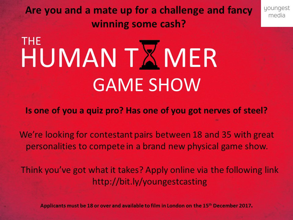 <a href="/YourFaceOnTelly/">GetYourFaceOnTelly</a> please RT. We're looking for teams of two friends aged 18-35 to take part in physical game show Human Timer in London on the 15th December. To apply go to bit.ly/youngestcasting