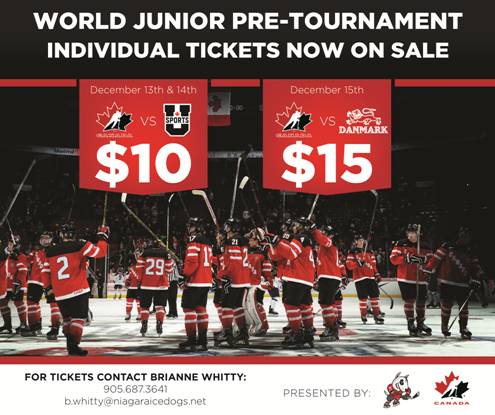 OHLIceDogs's tweet photo. INDIVIDUAL TICKETS NOW ON SALE! @HC_WJC selection camp &amp; pre-tournament games are being held at @MeridianCtre! Tickets for games Dec. 13 &amp; 14 vs @USPORTSca are $10. Tickets for Canada vs Denmark are $15! #2018WJC 

PURCHASE: https://t.co/d4upoPecn7 https://t.co/NWfnYRhE5M