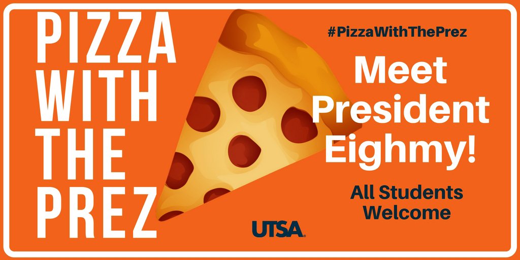 PresidentEighmy's tweet photo. Today at 3 pm I'll be handing out pizza under the Sombrilla by the JPL. I would love to meet you, so stop by for a free slice! 🍕 #PizzaWithThePrez #WhileSuppliesLast #UTSA #MeetAndGreet #AllStudentsWelcome https://t.co/FQvg8s0I4v