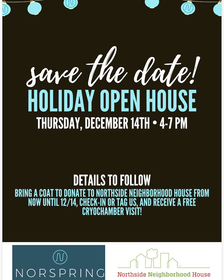 We’re partnering with Northside Neighborhood House collecting coats this Holiday season! Bring in a coat starting December 1st and receive a FREE cryo visit! Already a member? Gift the session to a friend! ❄️🧣