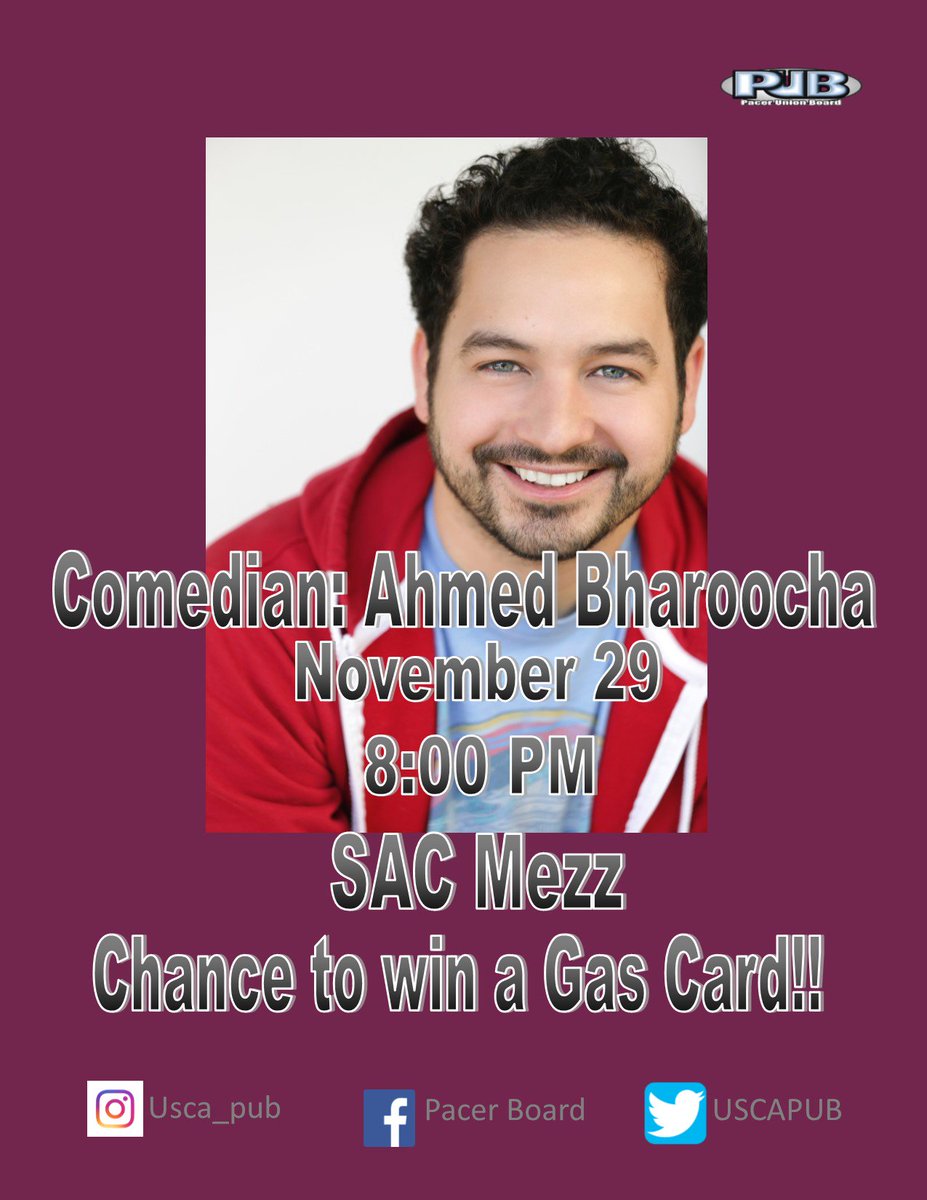 USCAPUB's tweet photo. One more day until Ahmed Bharoocha comes to USCA!! Don't miss out on the laughs and the chance to win a gas card, happening at 8 PM in the SAC Mezz! https://t.co/p7hUZDCsyk