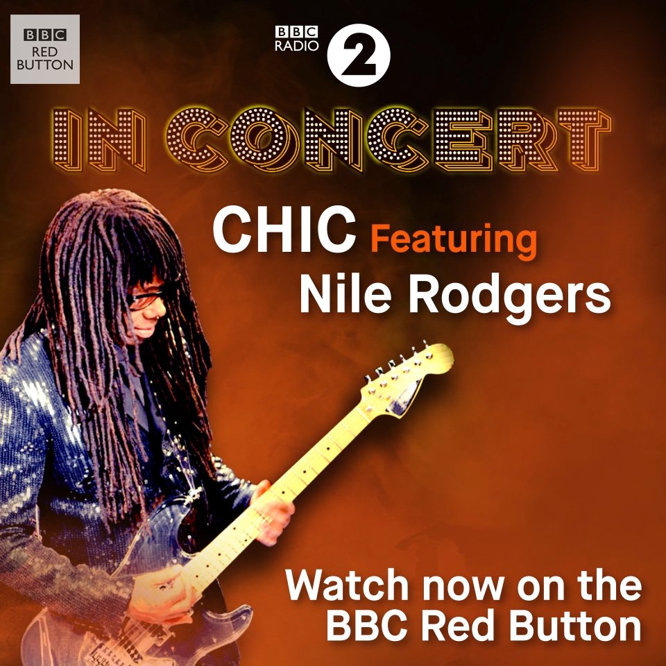 BBCRedButton's tweet photo. Don't Freak Out @CHICorg ft @nilerodgers bring the disco party to #R2InConcert 🎤🎸 press 🔴 on your telly now! https://t.co/7pR6EtP3k5