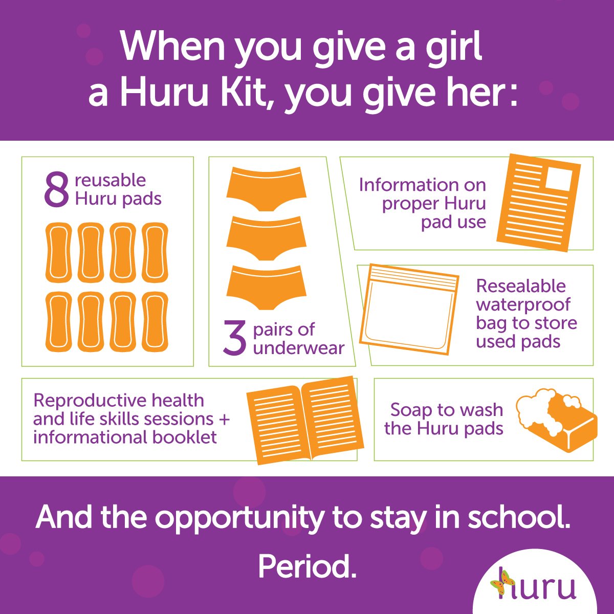 A girl who receives a Huru Kit is *three times less likely to miss school* during her period. Give one and you're not just donating a bag of supplies. You're giving the gift of education.

The cost? $35. Donate here: huruinternational.org/donate/.

And thank you.
#donate #GivingTuesday