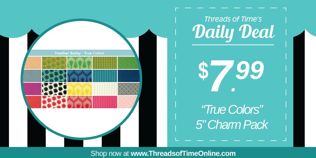 ThreadsofTime's tweet image. Daily Deal: Shop our &quot;True Colors&quot; 5-inch charm pack by Heather Bailey for just $7.99 in-store and online at ThreadsofTimeOnline.com today! #DailyDeal #ThreadsofTime #charmpack #sewingdeals #freespirit