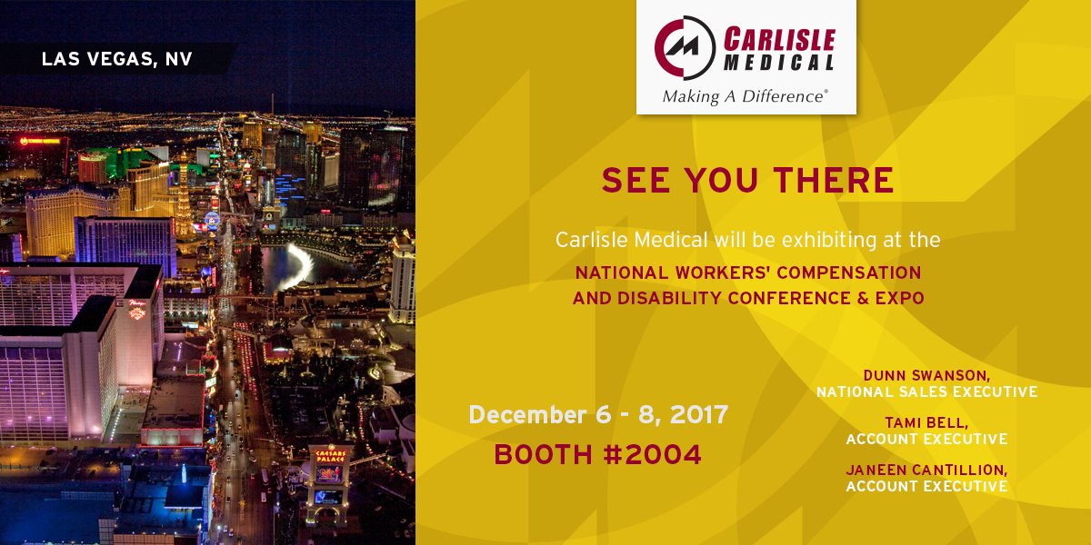 CarlisleMedical's tweet image. The National Workers' Compensation and Disability Conference &amp;amp; Expo will be held Dec. 6-7 in Las Vegas, NV at Mandalay Bay. Dunn Swanson, Tami Bell, and Janeen Cantillion will be representing Carlisle Medical. More info: bit.ly/2zTs81W