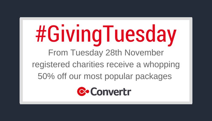 convertr_io's tweet photo. To celebrate #GivingTuesday we are pleased to announce we will now be offering 50% off our most popular packages to any registered charity. So if you are concerned about #GDPR #LeadGeneration and #Transparency email marketing@convertrmedia.com for more information https://t.co/g9VWA0v44F