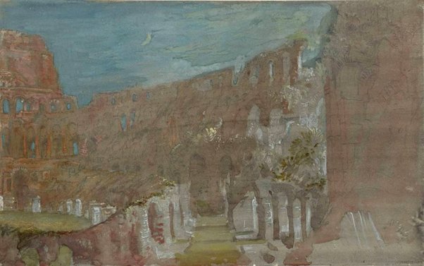 William Leighton Leitch (1804 – l 1883) painted the Colosseum as a hanging garden reminiscent of Babylon.Meanwhile Turner’s The Colosseum, Rome, by Moonlight (1819) shows an almost tropical garden growing in the arena’s shadows. #RuinsInArt