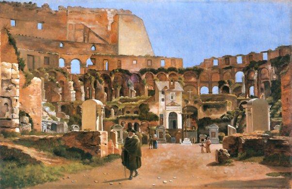 My favourite paintings of the overgrown Colosseum are by Danish painter Christoffer Wilhelm Eckersberg (1783-1853).He beautifully captures the abundant greenery growing in the Colosseum’s stands, as well as its lost history as a place of Christian worship. #RuinsInArt