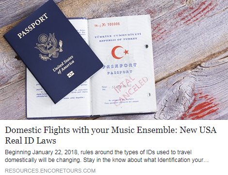 encoretours's tweet photo. How will the REAL ID changes affect you and your ensemble? Read our blog to find out! https://t.co/jhculNHao6
#travel #ID #passport #REALID #travelneeds #performancetours #bandtrip #orchestratrip #choirtrip https://t.co/QT86Swv4Xt