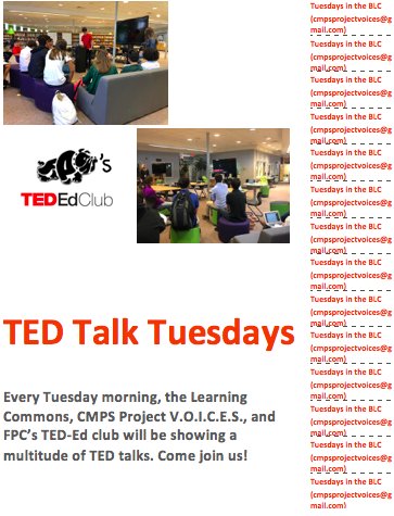 project_voices's tweet photo. Starting now, we'll be showing Ted-Talks every Tuesday morning in the BLC. Come join us! https://t.co/LnxPO1UJR2