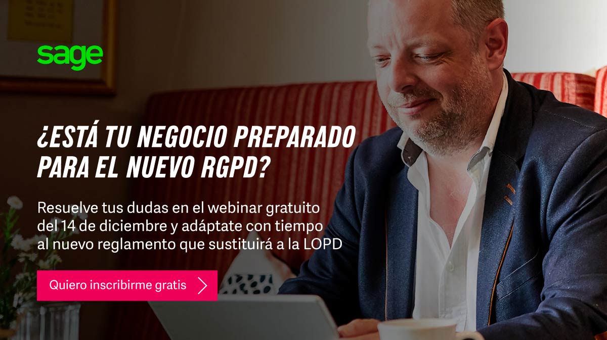 SageSpain's tweet photo. ¿Tu #empresa trabaja con datos personales de ciudadanos de la UE? A partir del 25/05/2018 estarás obligado a cumplir con el nuevo Reglamento General de Protección de Datos (#RGPD). Resuelve tus dudas en nuestro #webinar gratuito del 14 de diciembre https://t.co/6QyR5uCriR https://t.co/WKGbS8l6kQ
