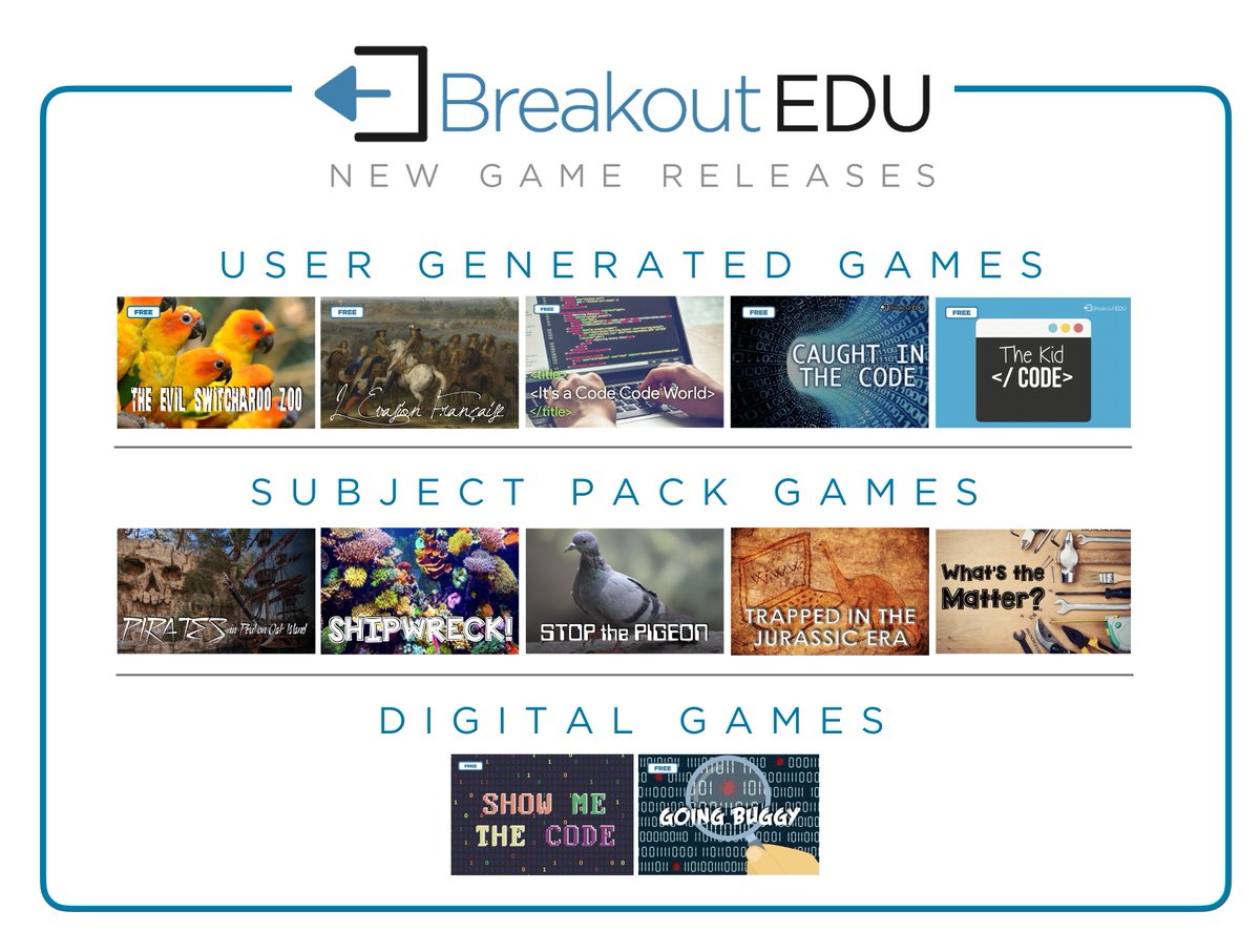 breakoutEDU's tweet photo. New Game Releases! Check out the great new User-Generated, Subject Pack, and Digital Games available now for #BreakoutEDU https://t.co/lXp5mcMjxJ #edchat https://t.co/CgxOlfrfdL