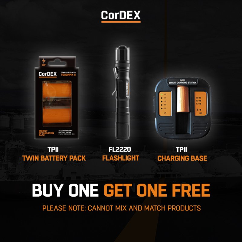 CorDEX_IS's tweet photo. We're extending our Buy One Get 1 FREE offer on FL2220 Flashlights, TPII Twin Battery Packs and TPII Charging Bases! Don't miss out. Click this link to find out how you can redeem this offer https://t.co/FxaHP5y6Gx #oilandgas #thermal #CorDEXtools https://t.co/SqROfH1DU1