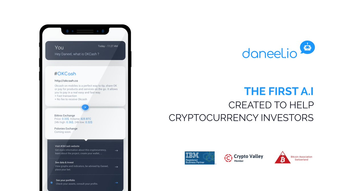 daneelproject's tweet photo. Discover the first Artificial Intelligence created to help cryptocurrency investors ! Visit our website : https://t.co/uYuPjX8IpE
#daneel #AI #bitcoin #ethereum #ICO #investors https://t.co/i5Ltxw1gYG
