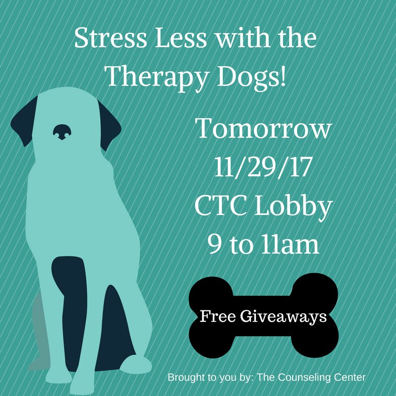 UAHCounsCtr's tweet photo. Release some stress with therapy dogs! CTC Lobby, Nov 29th, 9 to 11 A.M. Stop by and spend some time with our furry friends. #UAHCC https://t.co/muVcSVVWEV