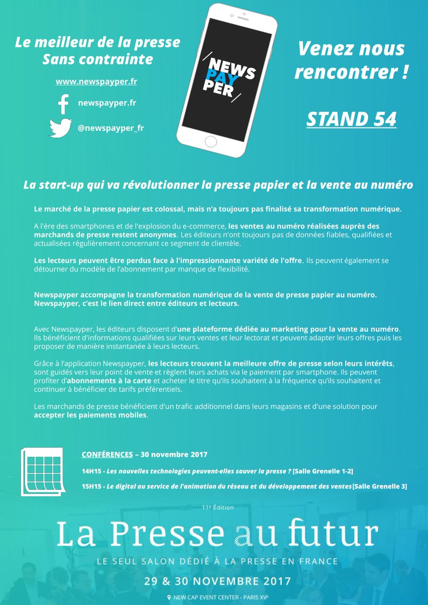 newspayper_fr's tweet photo. Rendez-vous dès demain sur le salon @presseaufutur pour rencontrer @newspayper_fr sur le stand 54 !
#presse #pressepapier #innovation #startup #presseaufutur #print #diffdays #diffusion #venteaunuméro #kiosque https://t.co/zf249msHoA
