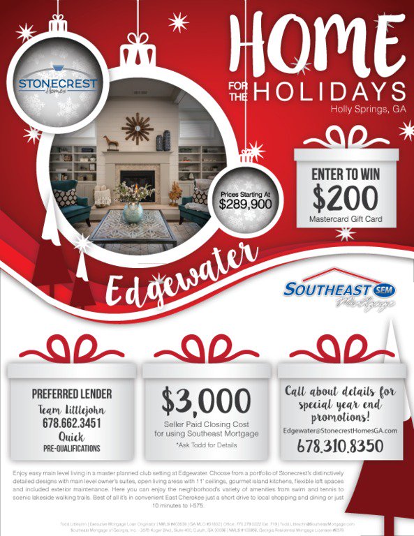 SEMofGA's tweet photo. Make sure you are #HomeForTheHolidays! #SoutheastMortgage & #StonecrestHomes are offering great year end promotions at their amazing new community in Holly Springs, GA - Edgewater! Call today for all the details! #SEM #Mortgage #NewConstruction #PreferredLender https://t.co/30szCfftQr