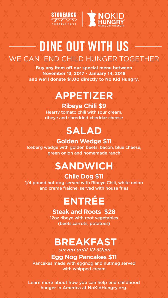 StoneArchMSP's tweet photo. This #GivingTuesday we make it easy when traveling via @mspairport by selecting any of our specialty No Kid Hungry menu items! #NoKidHungry https://t.co/FZuw2oUklT
