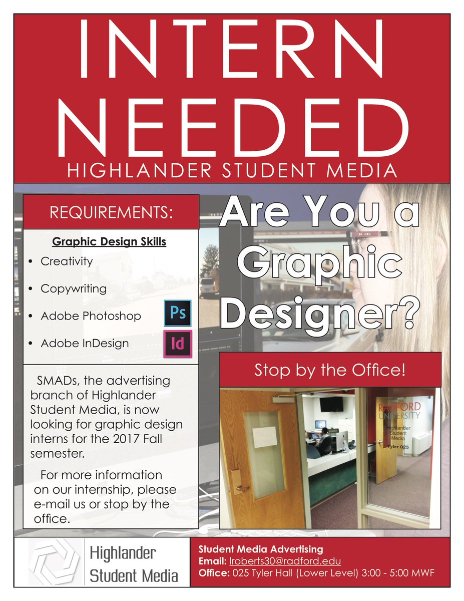 RadStudentMedia's tweet photo. Good morning Highlanders! We have two internship positions available! Social Media &amp; Graphic Design! Please Email smads@radford.edu for more information! https://t.co/VHwhvBJbbR