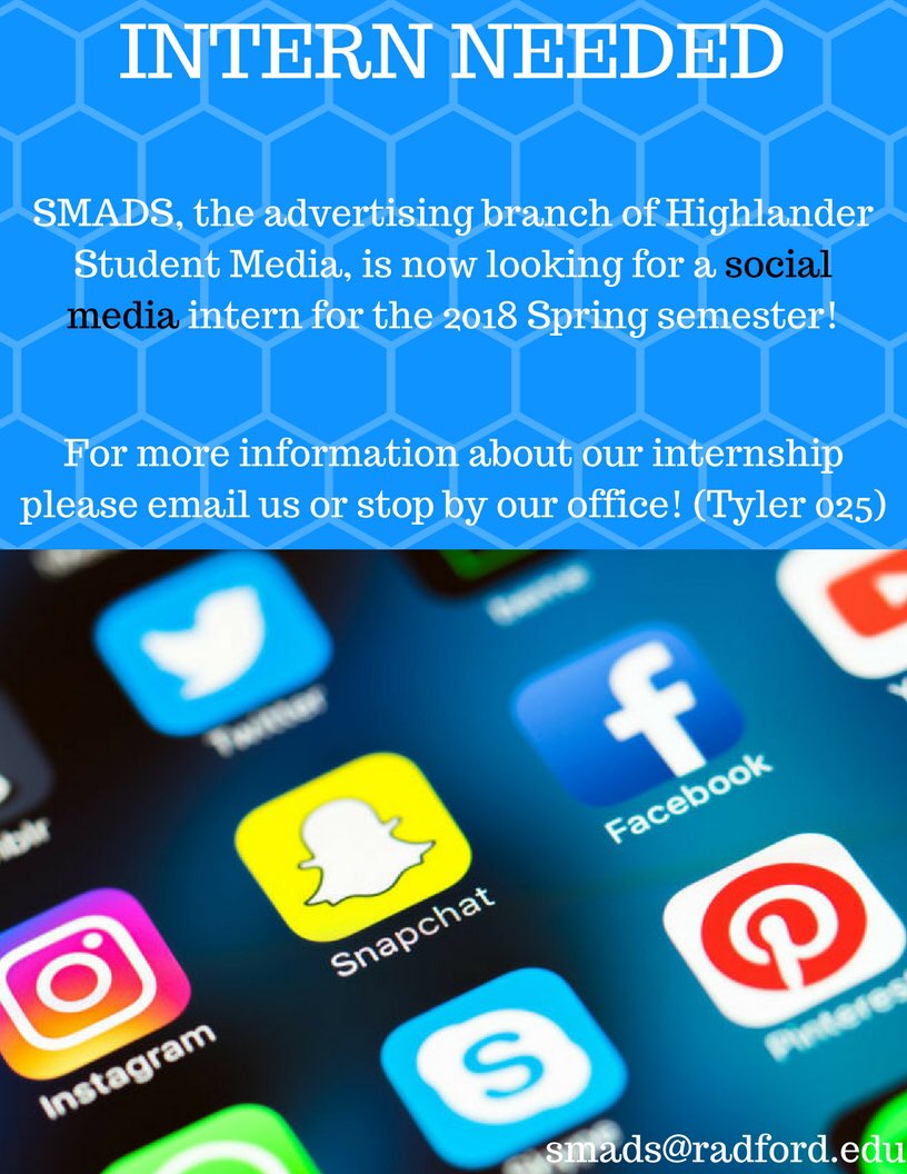 Good morning Highlanders! We have two internship positions available! Social Media &amp; Graphic Design! Please Email smads@radford.edu for more information!
